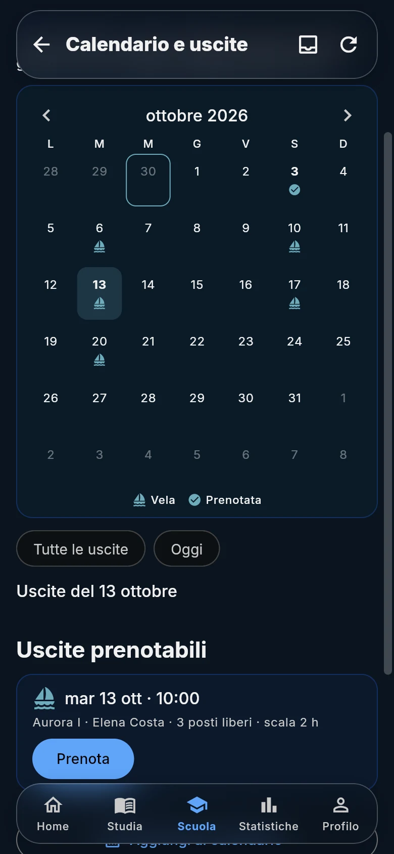 Schermata dimostrativa dell’app allievo con calendario e uscita in mare prenotabile