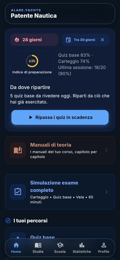 Home dimostrativa dell’app Alare con i percorsi di studio